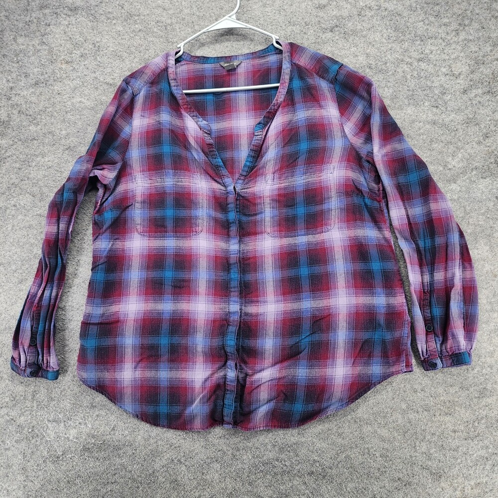 Eddie Bauer Shirt Womens XL Button Up Long Sleeve V Neck Blue Red Plaid